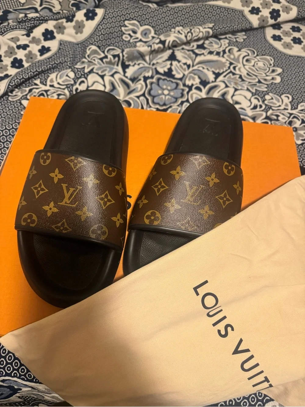 Louis Vuitton Brown Monogram & Black Men's Slide Sandals